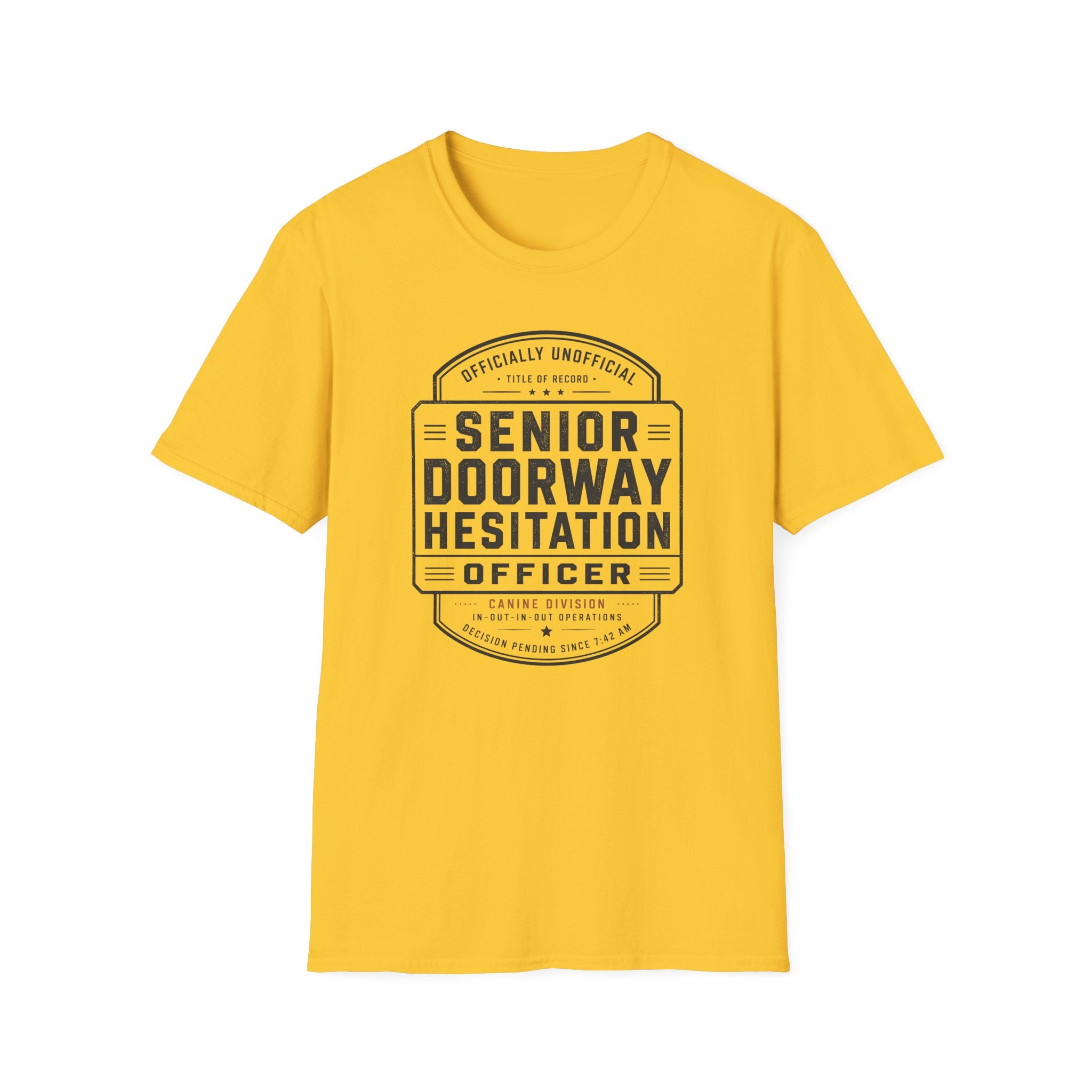 Senior Doorway Hestation Dog T-shirt