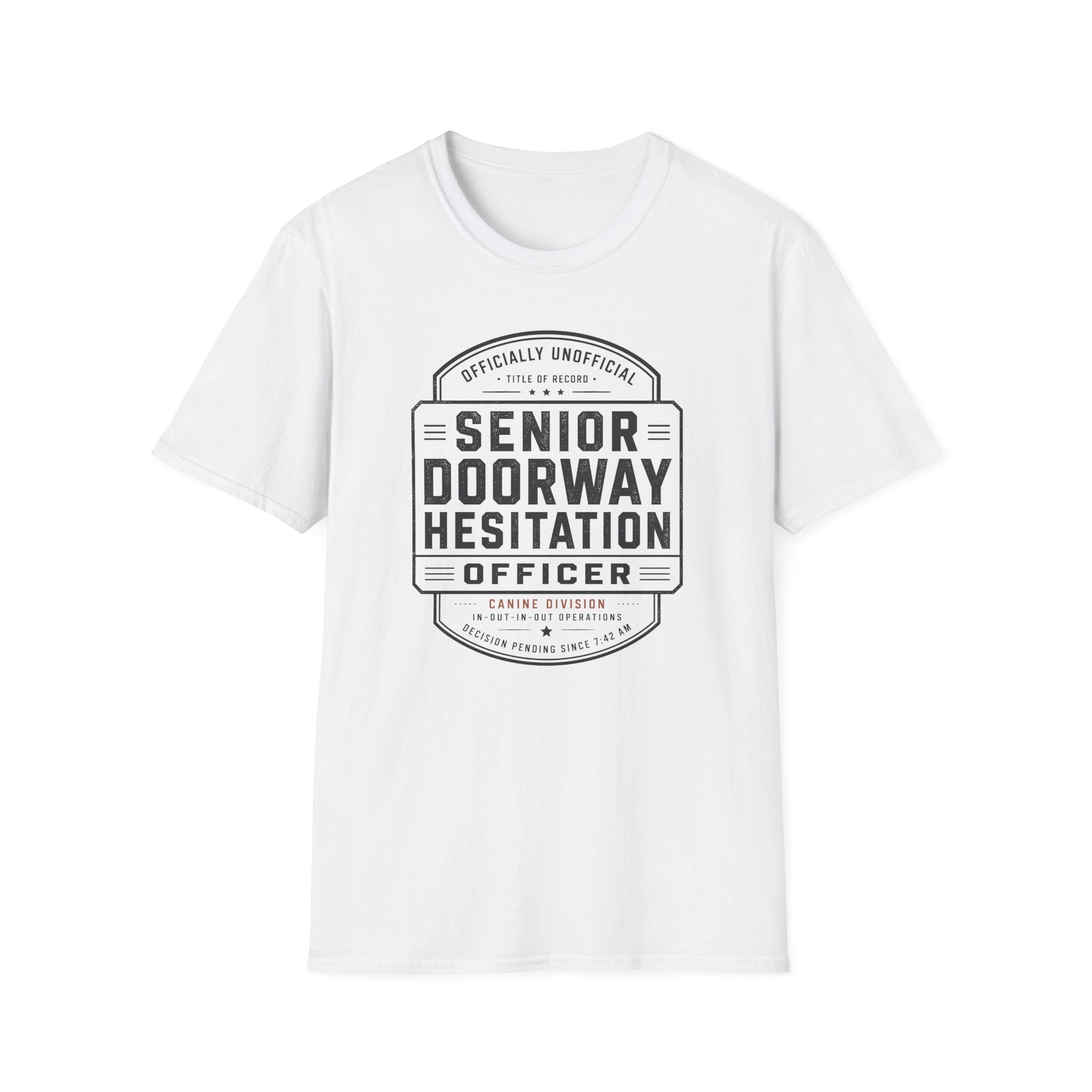 Senior Doorway Hestation Dog T-shirt