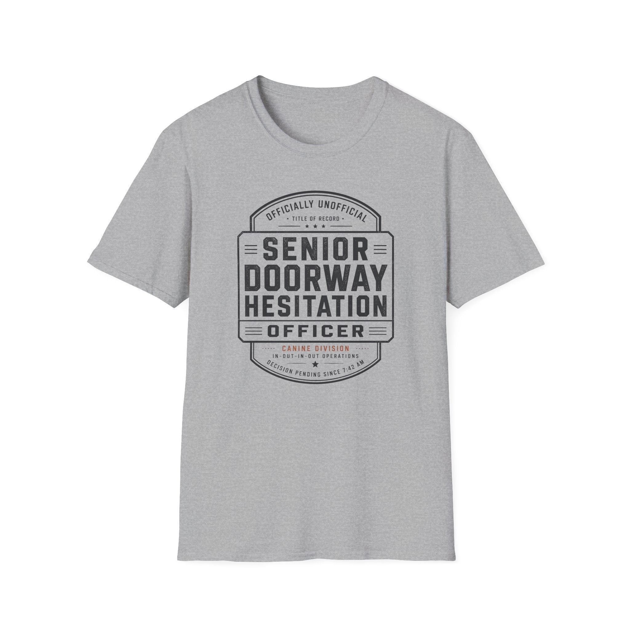 Senior Doorway Hestation Dog T-shirt