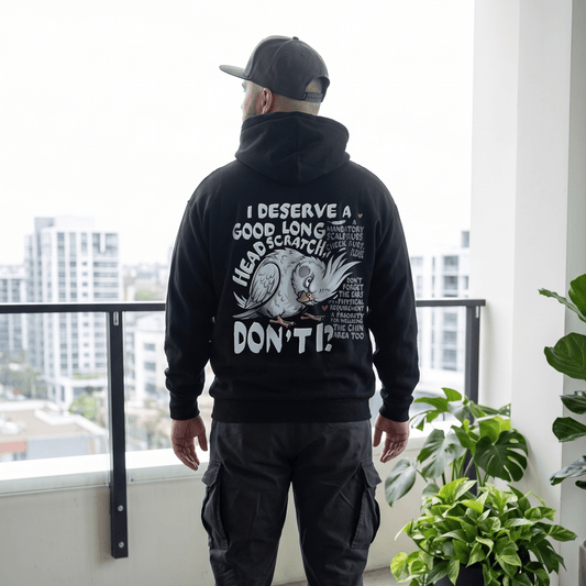 Cockatiel Lover Hoodie — "I Deserve a Good Long Head Scratch, Don't I?" Bird Owner Gift - CritterFit Co